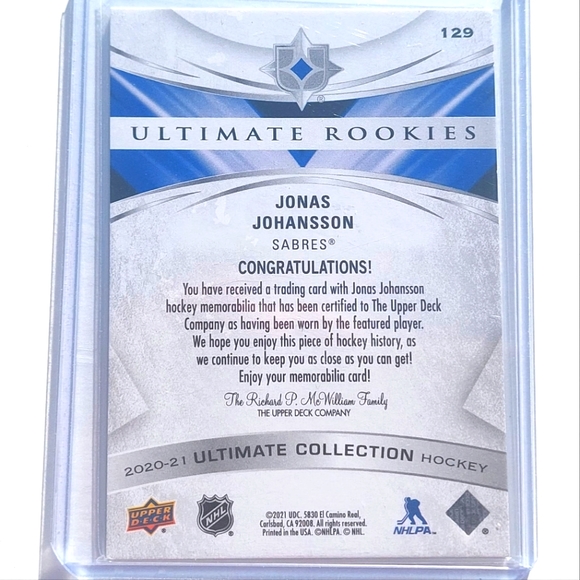 Jonas Johansson NHL Team Buffalo Sabres Ultimate Rookies 2020/21 Card #129 - Picture 2 of 2